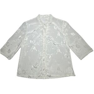 Vintage White Floral Satin Jacquard Mandarin Collar Blouse 3/4 Sleeve Top L